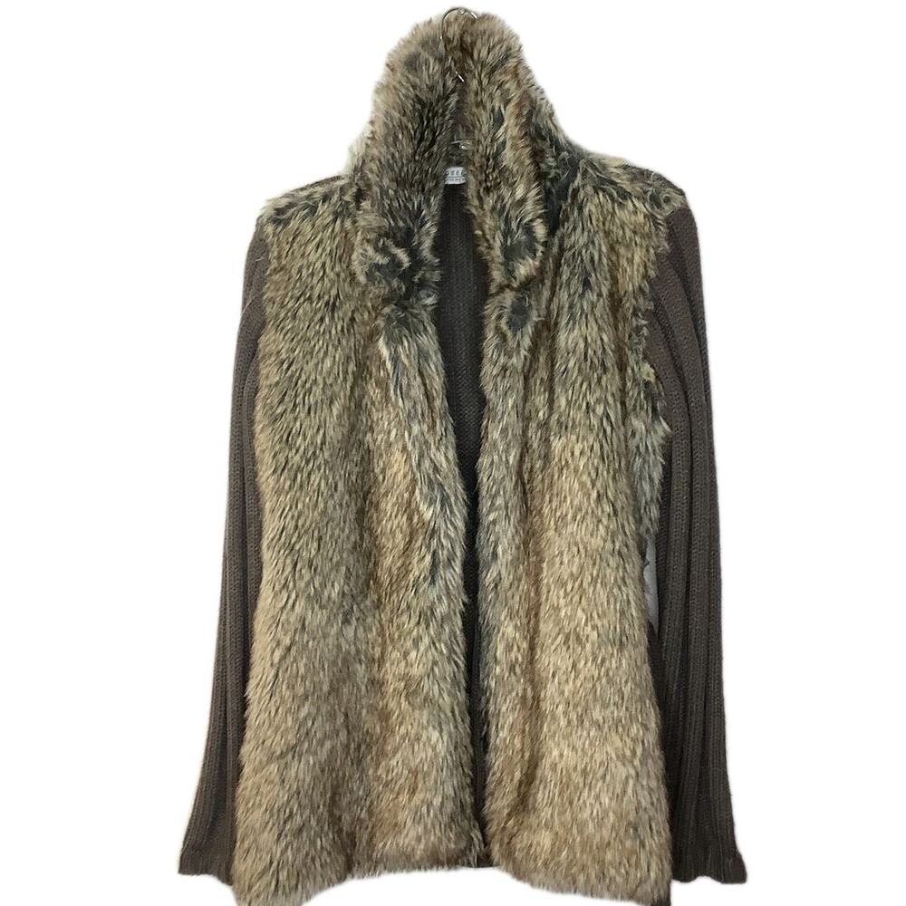 Vintage JOSEPH A Faux Fur Open Front Cardigan Sweater With Tie Size XL